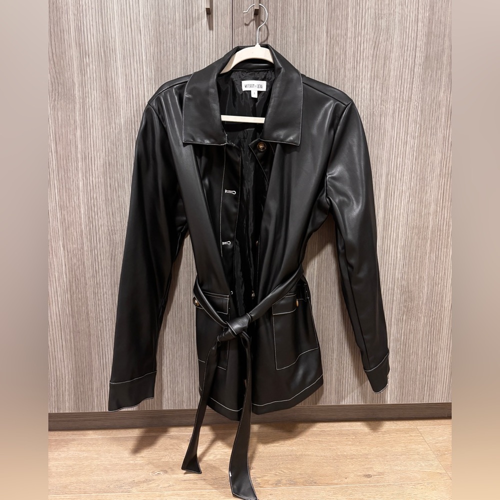 Faux Leather Jacket with Belt - Black with white stitching
